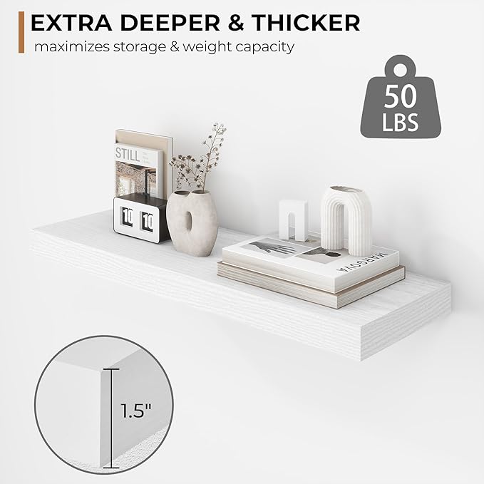 Fun Memories 24 Inch Floating Shelves - Deep Rustic White Wooden Wall Shelves - Extra Deeper & Thicker Wall Mounted Storage Shelf for Bedroom, Kitchen, Farmhouse - 2 Pack, Rustic White-Ruum Studio Home