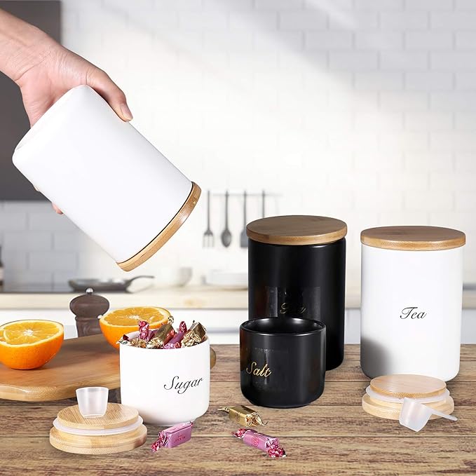 Yangbaga Black Canisters Sets for Kitchen-Set of 3 Coffee Canisters for Countertop with Airtight Wood Lids/Spoons/Stickers, Ceramic Food Storage Containers for Large Suger,Coffee,Tea (42/30/9OZ)-Ruum Studio Home