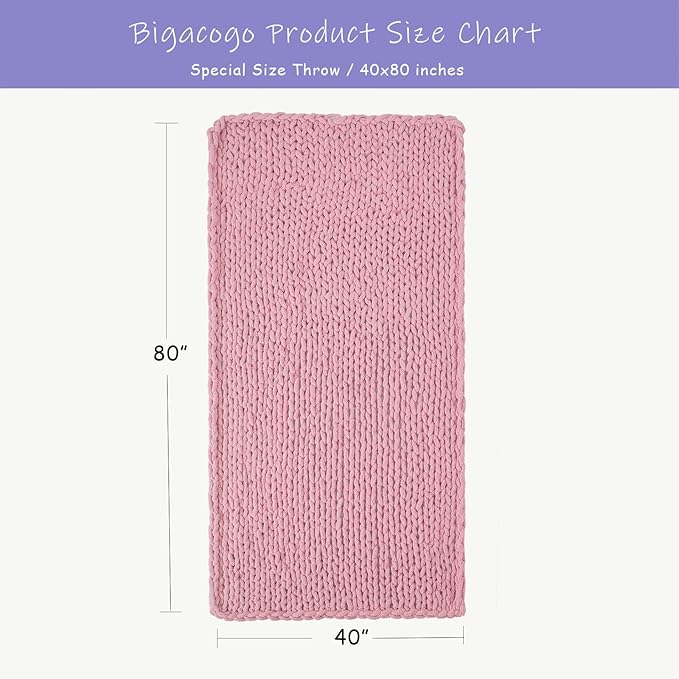Bigacogo Chunky Knit Throw Blanket for Couch, 40x80 inches, 100% Hand Knitted with Thick Jumbo Chenille Yarn, Cozy Soft Large Rope Knot Cable Crochet Blankets for Sofa Bed Living Room, Blush Pink-Ruum Studio Home