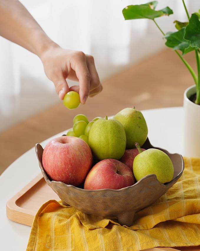 Fruit Bowl for Kitchen Counter, Porcelain Decorative Bowl for Home Décor Modern Pedestal Bowl with 3-Legs Large Centerpiece Bowl for Breads, Nuts, Brown-Ruum Studio Home