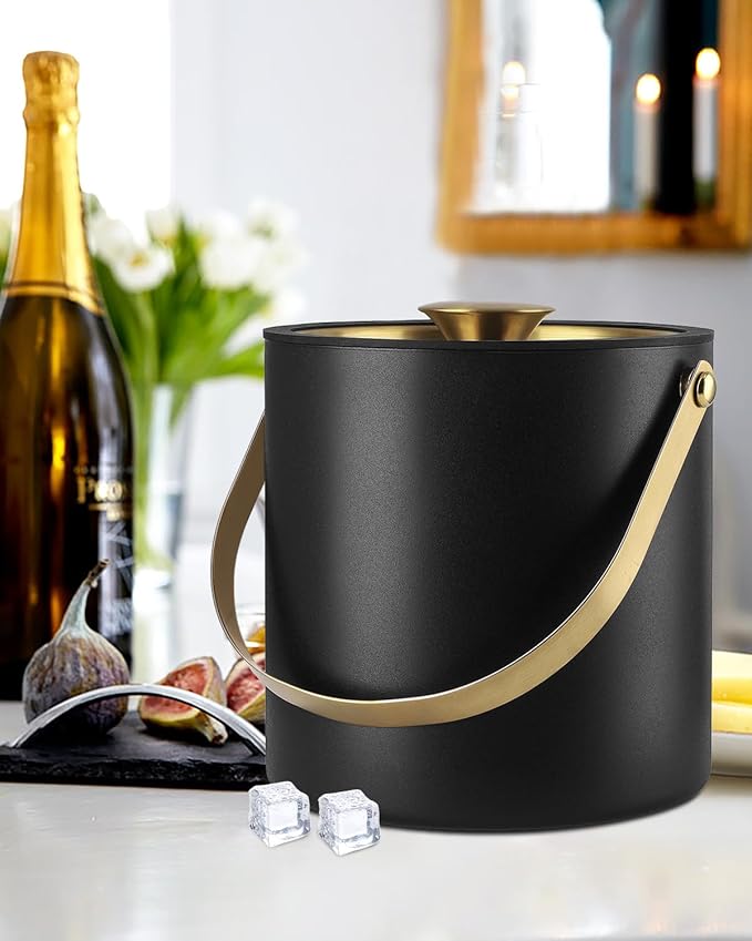 3L Ice Bucket with Silicone Lid, Scoop, Gold Tongs & Strainer, Stainless Steel Double Wall Insulated Ice Buckets for Parties & Cocktail Bar, Outdoor Champagne Ice Container Bin, Black-Ruum Studio Home
