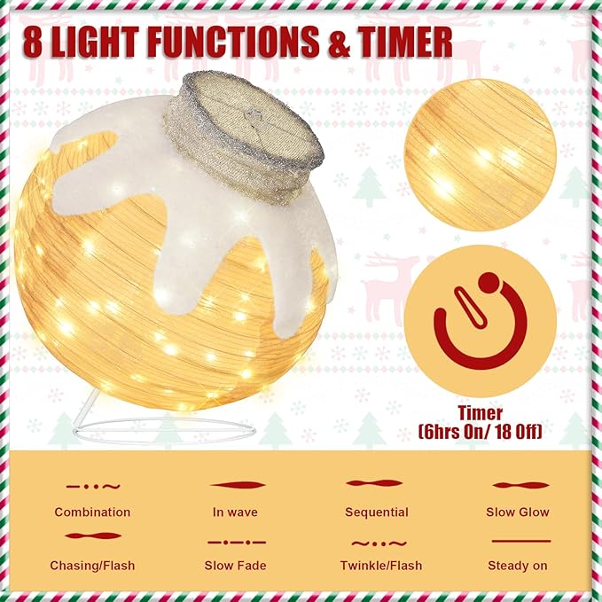BRIGHTDECK Outdoor Christmas Ornaments, Lighted Pop-Up Outdoor Holiday Ball Decoration with 80 LED Lights, 8 Light Modes, Lighted Collapsible Holiday Decorations for Yard, Home(Beige)-Ruum Studio Home