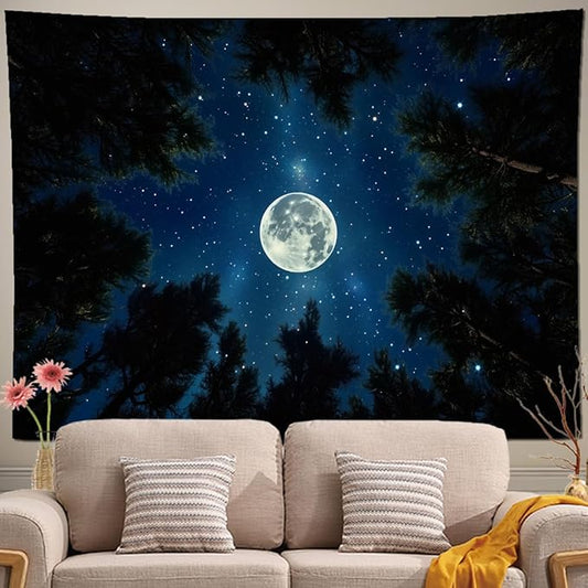 keowhsf Forest Galaxy Tapestry for Bedroom Ceiling - Starry Night Sky with Moon and Trees, Blue Aesthetic Wall Hanging, Milky Way Landscape Backdrop for Living Room and Dorm Decor-Ruum Studio Home