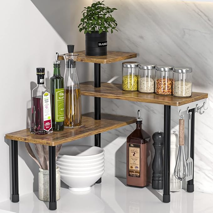 JayRex Countertop Organizer Organization, 3 Tier Moveable Corner Shelf Organizer for Kitchen, Bathroom, Spice Rack, Coffee Area, Over Sink, Dresser Table (Rustic Brown)-Ruum Studio Home