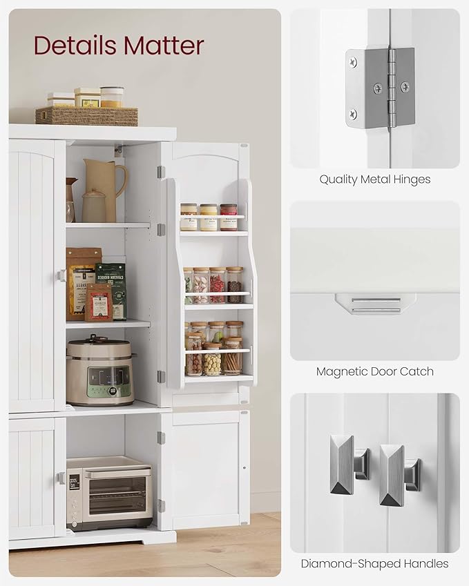 VASAGLE Pantry Cabinet, 53.5-Inch High Freestanding Tall Cupboard Storage Cabinet, 2 Cabinets, 2 Adjustable Shelves, 6 Door Shelves, for Living Room, Kitchen, White UBBC671W01-Ruum Studio Home