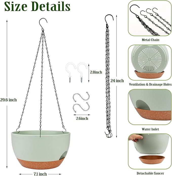 Hanging Planters for Outdoor Indoor Plants, 2 Pack 12 Inch Hanging Basket Plants Outdoor, Self Watering Hanging Planter with Plant Hanger for Garden Home Decoration (Green)-Ruum Studio Home