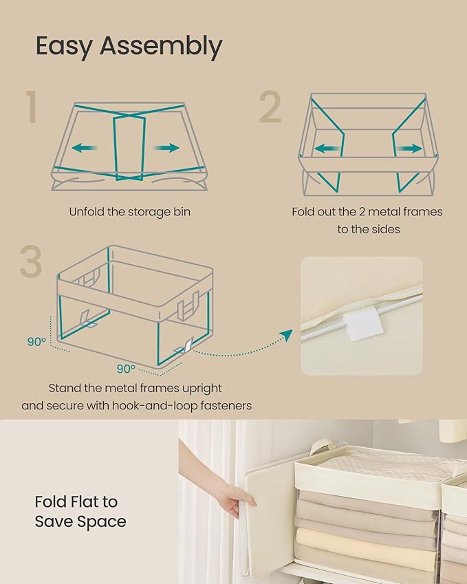 SONGMICS Storage Bins Set of 3, Large Fabric Storage Baskets, Foldable Organizer with Transparent Nylon Mesh, 19.7 x 11.8 x 11.8 Inches, Handles, for Bedroom, Living Room, Cream White URFB950W01-Ruum Studio Home