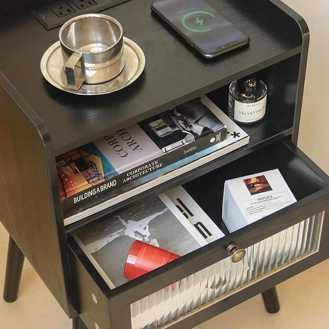 AWASEN Black Nightstand with Charging Station, Modern Bedside Table with Glass Decorative Drawer, Small End Table Side Table with 2 Tiers Storage Space, for Bedroom, Office and Small Space (Black)-Ruum Studio Home