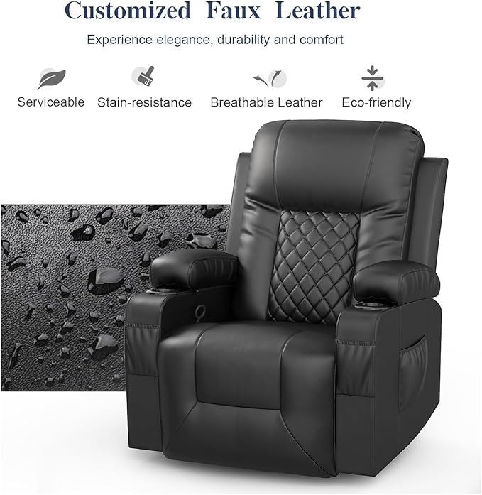 Recliner Chairs for Adults, FSC Certified Massage Rocker with Heated Modern Ergonomic Lounge 360 Degree Swivel Single Sofa Seat Living Room Lounge Recliners Black-Ruum Studio Home