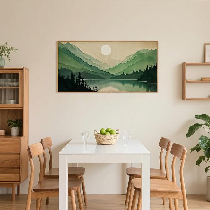 Celestdeco Watercolor Mountain Framed Canvas Wall Art Set, Boho Sun Forest Wall Decor, Green Scenery Wall Painting, Modern Woodland Artworks for Living Room, Bedroom, Dining Room, Office - 20" x40x1-Ruum Studio Home