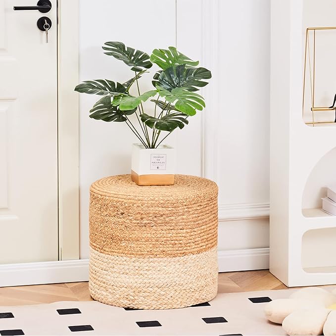 Wimarsbon 18'' Pouf Ottoman, Natural Braided Poof, Round Poufs, Rustic Handweave Lounge Pouffe, Boho Footrest Stool for Bedroom, Accent Table or Seat for Patio, Living Room-Ruum Studio Home