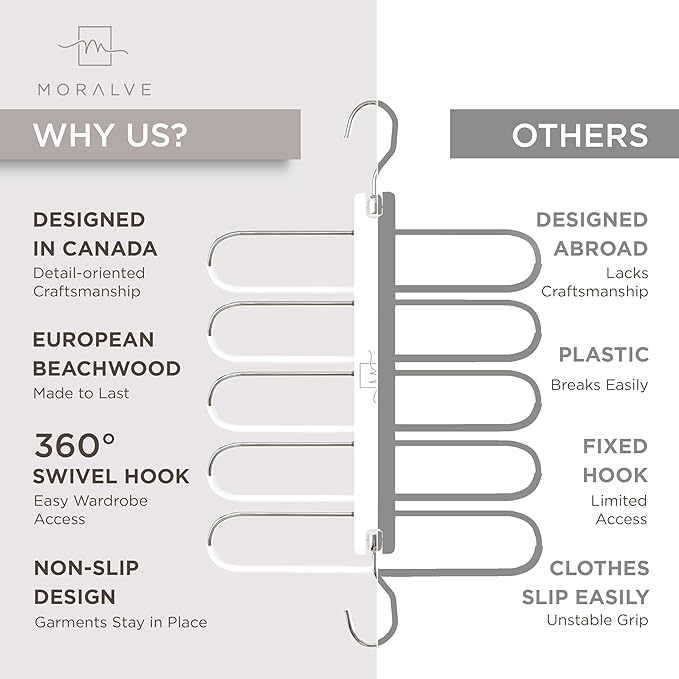 MORALVE Pants Hangers Space Saving - European Beechwood Scarf and Jean Hangers - Closet Organizer and Space Saver Pant Rack, Leggings Hanger, and Scarf Holder with 360° Swivel Hook (1 Pack)-Ruum Studio Home