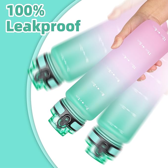OLDLEY 32 oz Water Bottle, Motivational Water Bottle with Time Marker, Sports Water Bottle With Strap, Leakproof & BPA Free Large Water Bottles for School, Gym, Travel, Outdoor, Tritan,Green&Pink-Ruum Studio Home