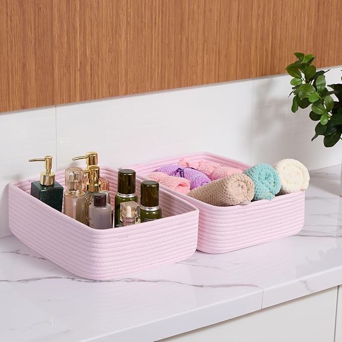 Large Shallow Organizing Baskets 15x11x5.1 Inches - Rope Woven Storage Bins for Bathroom, Shelves, Cube Closet, Light Pink 2 Packs-Ruum Studio Home