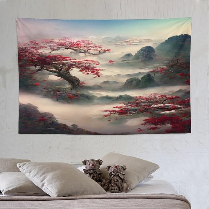 Japanese Tapestry, Red Plum Cherry Blossom Mountain Tapestry, Asian Japanese Wall Tapestry, Nature Landscape Tapestries for Bedroom Living Room Decor 90"x60"-Ruum Studio Home