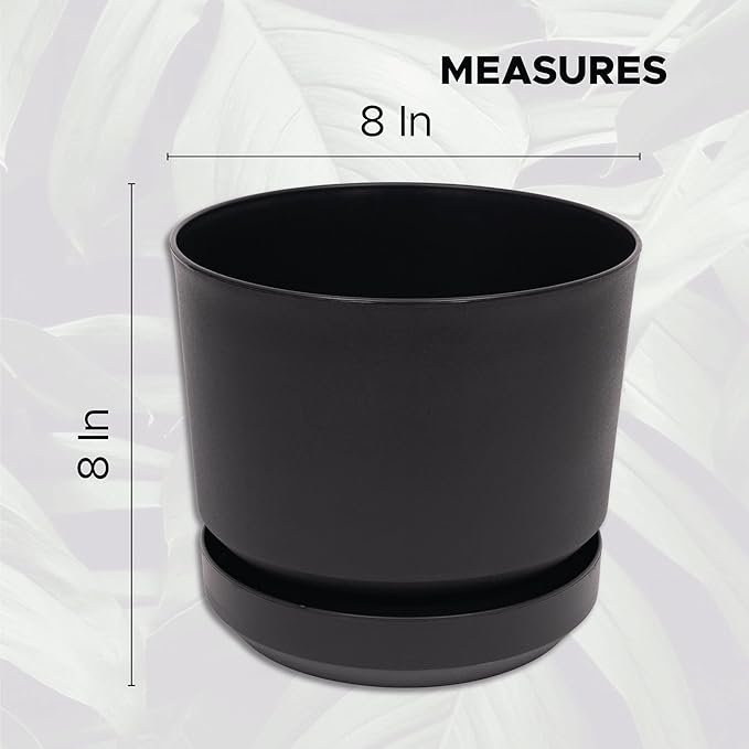 Elly Décor 8 inch Plastic Cylinder Planter Pot with Self-Watering Saucer and Drainage Hole,Lightweight & Extremely Durable, 8"x 8", Black-Ruum Studio Home