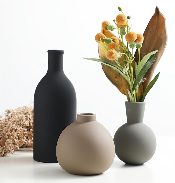 Ceramic Vase Set of 3, Vases Home Decor Rustic Farmhouse Decor Pottery Vases for Bouquet Pampas Grass Dried Fresh Flowers, Living Room, Kitchen, Bedroom, Bathroom, Entryway Mantel, Decor -Multicolor-Ruum Studio Home