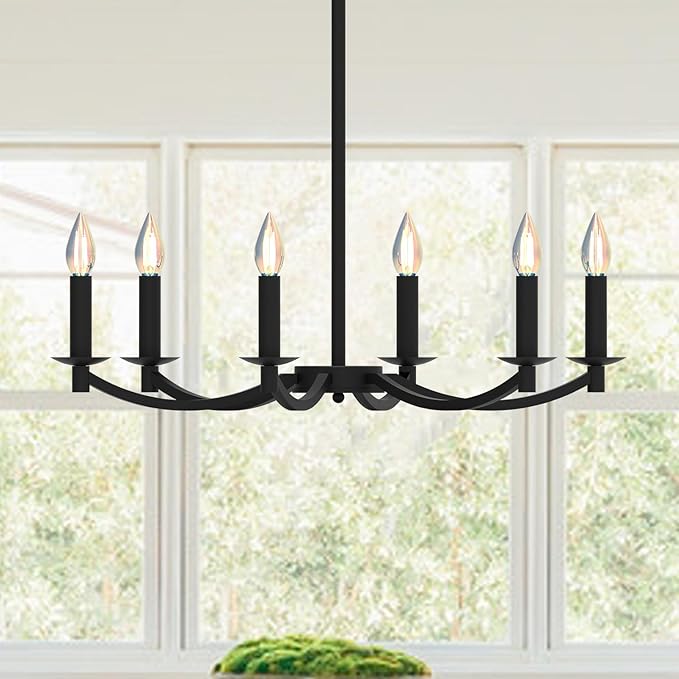 Modern Black Chandelier, Round LED Ceiling Hanging Lamp, Farmhouse Candle Pendant Light Fixtures for Bedroom Living Room Dining Room Kitchen Island (Black-A 6Lights)-Ruum Studio Home