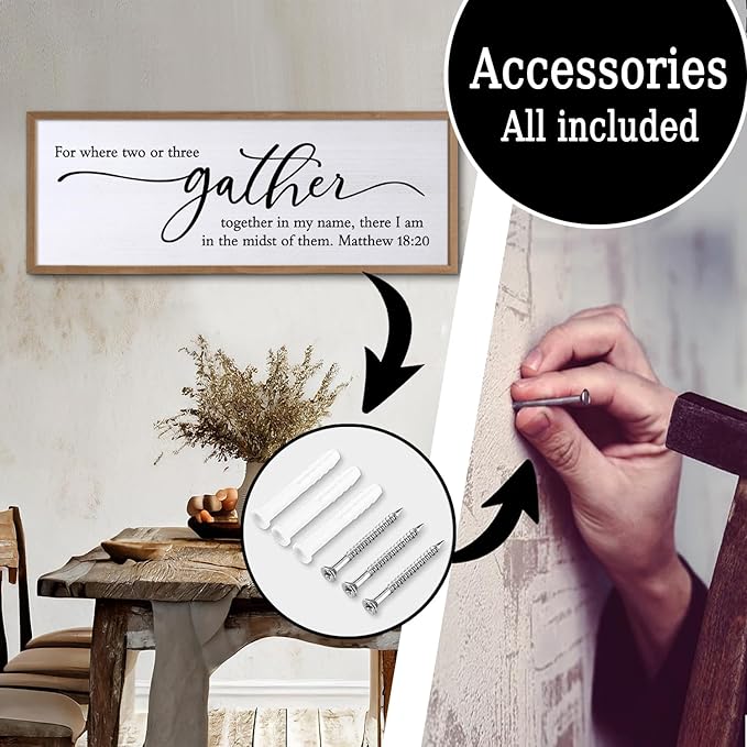 For Where Two Or Three Gather Sign Dining Room kitchen Wall Decor Bible Verse Scripture Matthew 18:20 Wooden Frame 32X12 Inch for Christian Family Hanging Art (Wood)-Ruum Studio Home