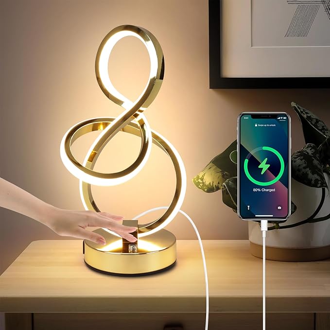 Modern Table Lamp, LED Bedside lamp with USB C+A ports, Touch Stepless Dimmable Nightstand lamp, Unique Spiral Table lamp for Bedroom Living Room Home Office, Spiral lamp for Ideal Gift, Gold-Ruum Studio Home