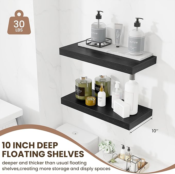 Fun Memories 24 Inch Floating Shelves Wall Mounted, 10 Inch Deep Wall Shelves, 24 x 10 Floating Shelf for Living Room Bathroom Bedroom, Black, Set of 2-Ruum Studio Home