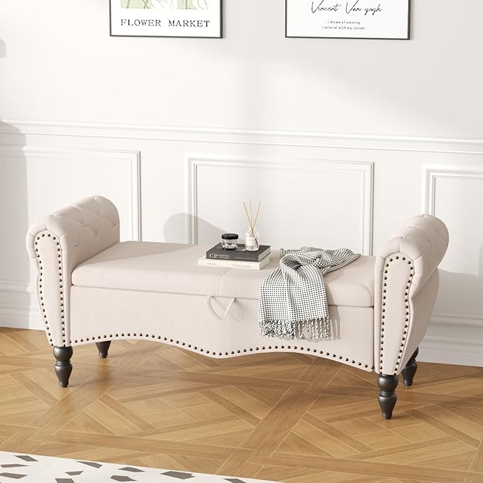 Furniliving Storage Ottoman Bench for Bedroom, Upholstered End of Bed Bench with Solid Wood Legs Modern Shoe Storage Bench Indoor Bench for Living Room Entryway Bench Furniture,Beige, Linen-Ruum Studio Home