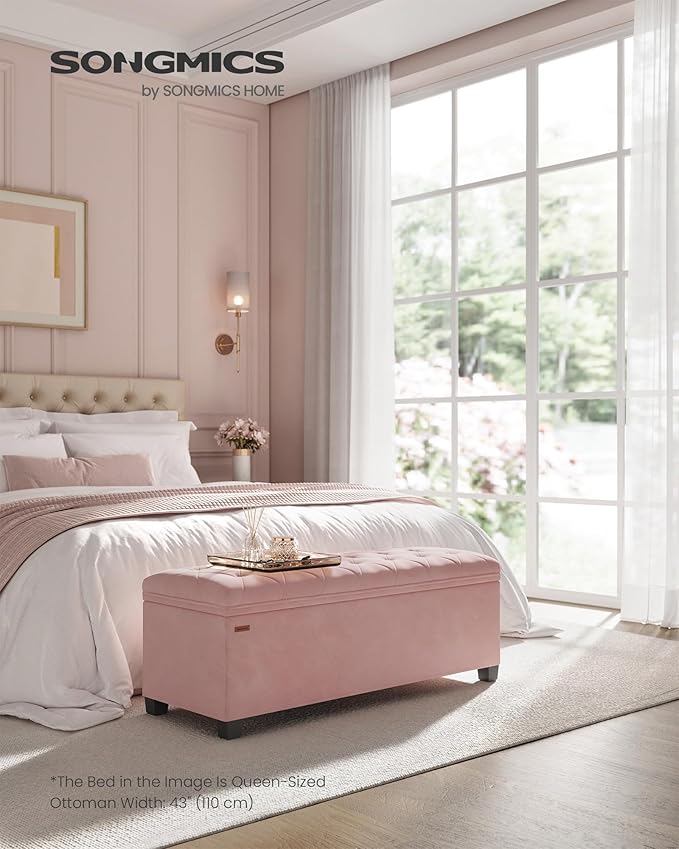 SONGMICS Velvet Storage Ottoman Bench, Foot Rest with Legs, 15.7 x 43 x 15.7 Inches, End of Bed Bench, Storage Chest, Load up to 660 lb, for Living Room, Bedroom, Entryway, Jelly Pink ULSF089R01-Ruum Studio Home