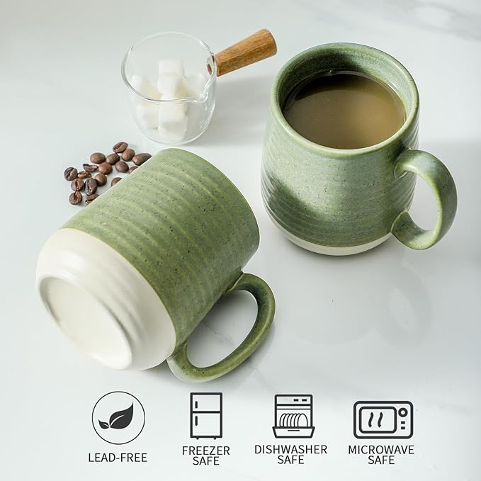 Hasense Stoneware Coffee Mugs Set of 6, 15 Oz Large Coffee Cups with Handle, Tea Mugs for Men and Women, Modern Coffee Mug for Cappuccino, Milk, Cocoa, Microwave & Dishwasher Safe, Green-Ruum Studio Home