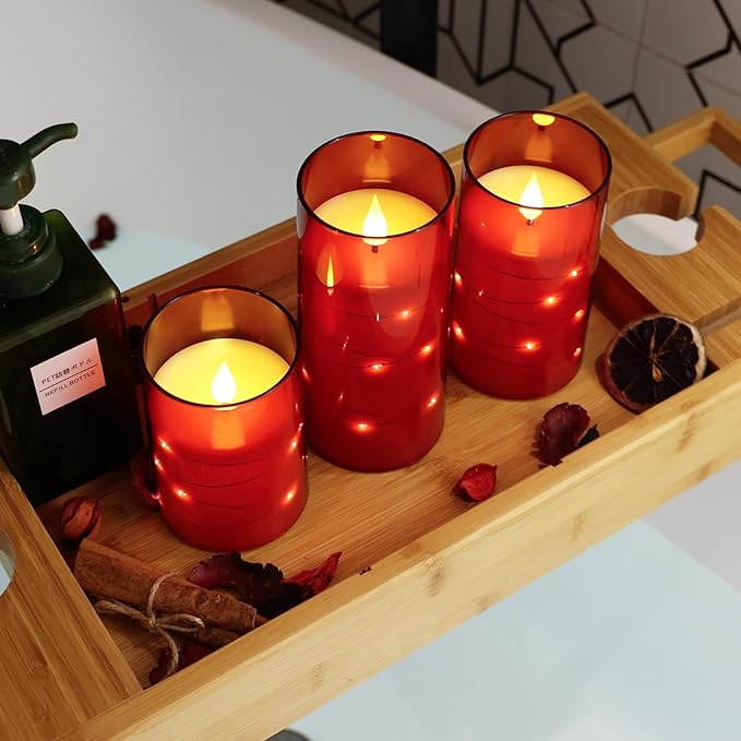 NURADA Flickering Flameless Candles: Built-in Star String Lights Battery Operated LED Pillar Candles with Remote and Timer Romantic Decorations for Wedding Party Christmas Halloween - Red 3 Pack-Ruum Studio Home