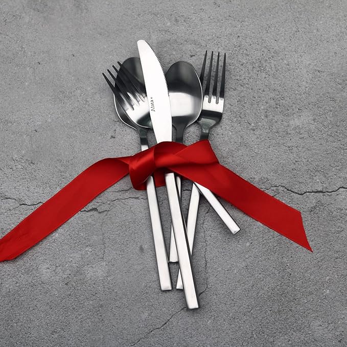 Alata Cube 20-Piece Forged Silverware Set Stainless Steel Flatware Set,Service for 4,Matte Satin Polished Cutlery Set,Dishwasher Safe-Ruum Studio Home