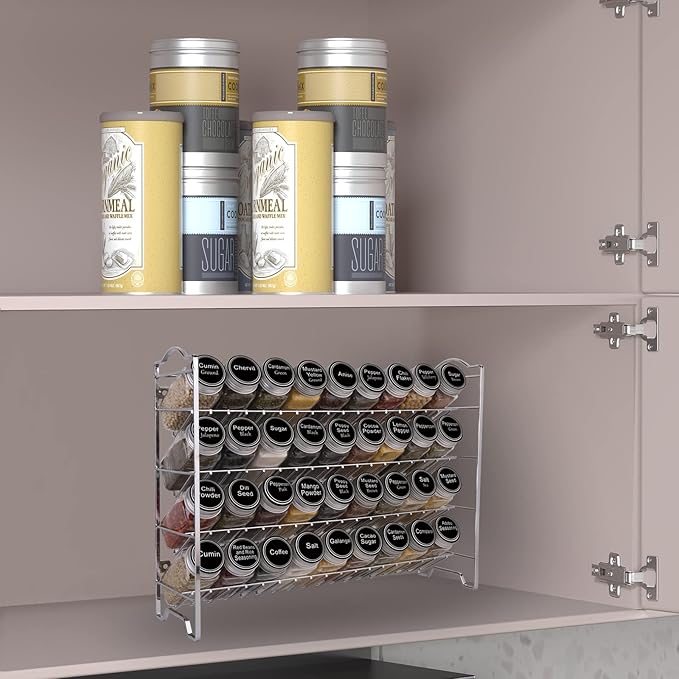 SWOMMOLY Spice Rack Organizer with 36 Empty Square Spice Jars, 396 Spice Labels with Chalk Marker and Funnel Complete Set, for Countertop, Cabinet or Wall Mount,Silver-Ruum Studio Home