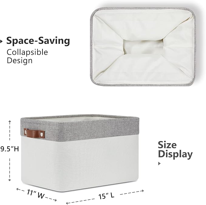 DULLEMELO Storage Baskets for Organizing, Shelves,Bedroom, Decorative Storage Bins with Leather Handles, Fabric Storage Basket for Office, Toys(3-Pack Medium-15 inch X 11 inch X 9.5 inch , Grey&White)-Ruum Studio Home