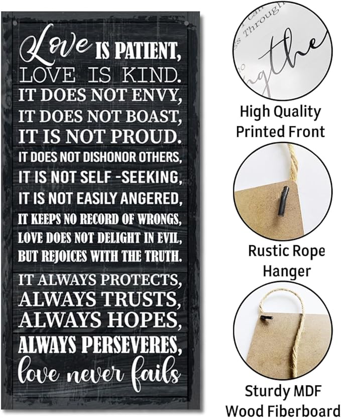 1 Corinthians 13:4-8 Inspirational Hanging Wood Decor Sign, Printed Wood Sign, Love is Patient, Love is Kind Quote, Hanging Bible Verses Woods Wall Signs, Rustic Home Decor Signs, Christian Gift A1-Ruum Studio Home