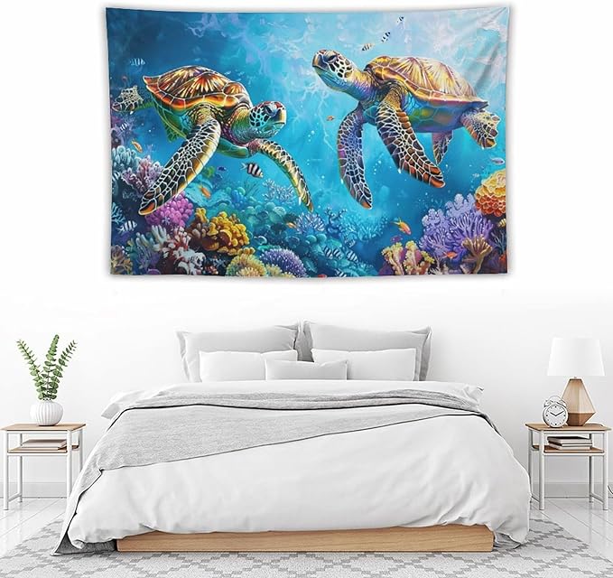 Sea Turtle Tapestry Ocean Tapestries Fabric Wall Hanging Aesthetic Space Coastal Indoor Outdoor Wall Art Tablecloth Bedspread Decoration for Bedroom Dormitory Living Room Home Decor 40"x60"-Ruum Studio Home