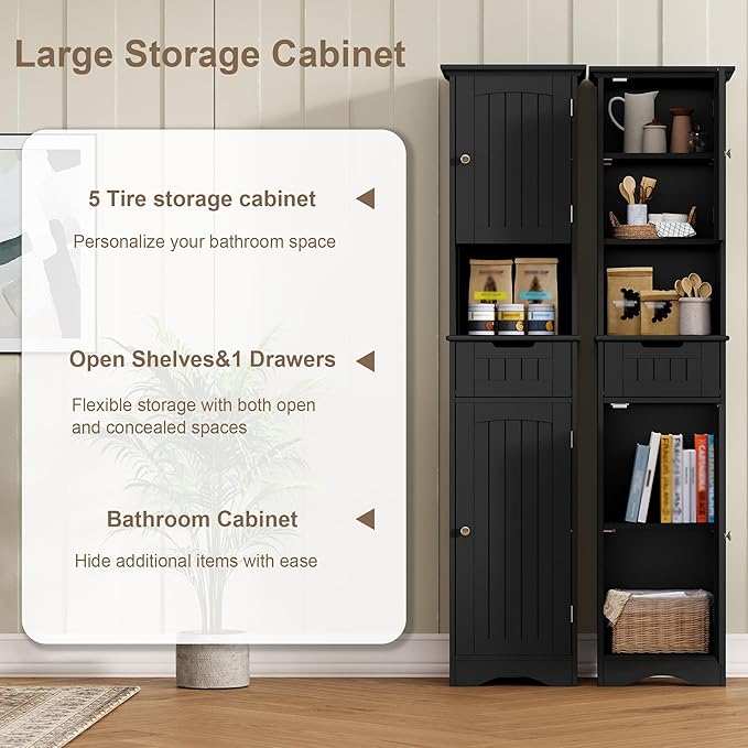 ChooChoo 67" Tall Bathroom Storage Cabinet Freestanding with Adjustable Shelves, Narrow Storage Linen Cabinet with 2 Doors and 1 Drawers for Bathroom, Living Room, Kitchen, Black-Ruum Studio Home