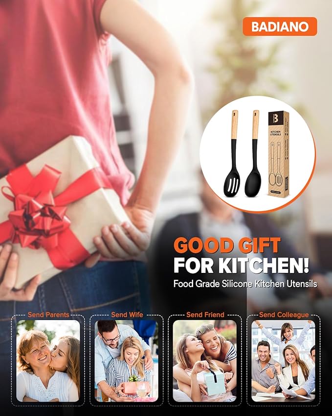 Silicone Cooking Spoons, Great for Scooping Sides and Serving Hearty Stews, BPA-Free Matte Silicone, Wooden Handle Serving Spoon for Nonstick Cooking Surfaces (Black)-Ruum Studio Home