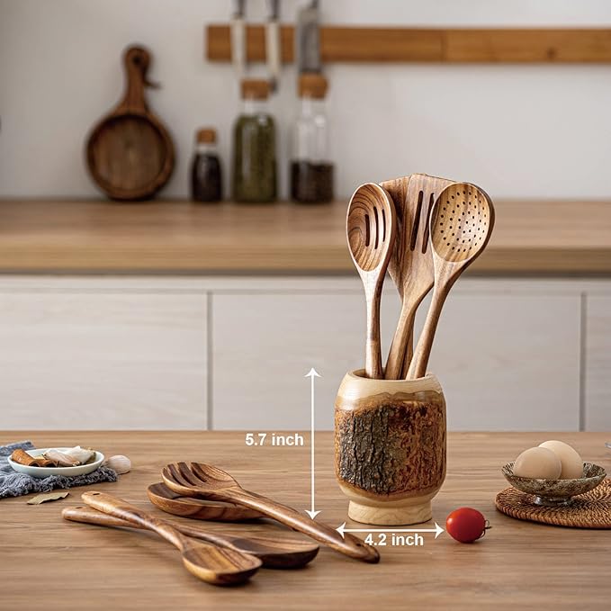 Gudamaye 13 inch Long Wooden Spoons for Cooking,Wooden Utensils for Cooking with Utensils Holder,9 PCES Wooden Kitchen Utensils Set with Utensils Holder and Spoon Rest,Natural Teak Wooden Spoons Set-Ruum Studio Home