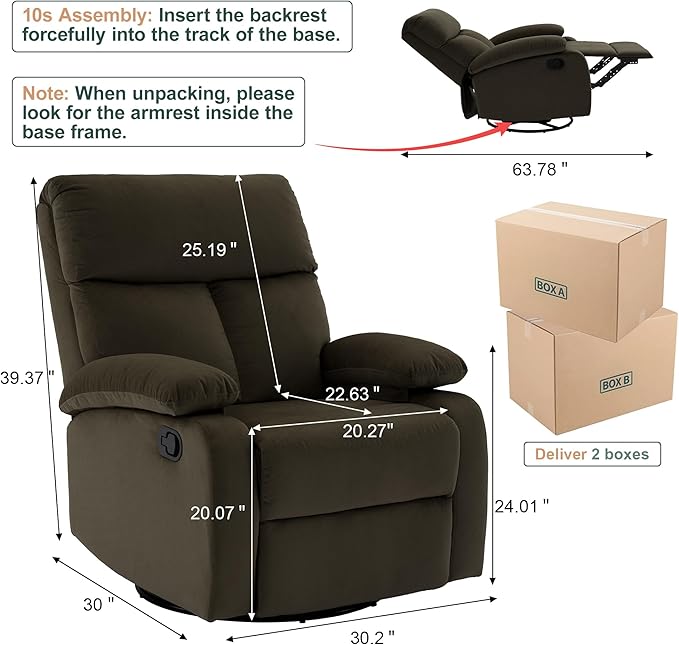Swivel Rocker Recliner for Adults, Small Recliner Chair for Small Spaces, Rocking Recliner Chair for Nursery. Living Room, RV, Bedroom, Dark Brown-Ruum Studio Home