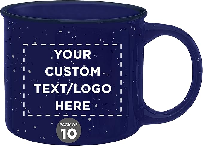DISCOUNT PROMOS Custom Ceramic Campfire Coffee Mugs 13 oz. Set of 10, Personalized Bulk Pack - Perfect for Tea, Espresso, Cappuccino, Hot Cocoa - Blue-Ruum Studio Home