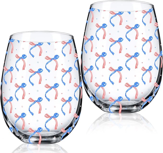 Sliner 2 Pack Patriotic Stemless Wine Glasses 17oz Red Blue Bow Drinking Glasses Independence Day Tumbler Cups for 4th of July Party Supplies Memorial Day Gift Decorations-Ruum Studio Home