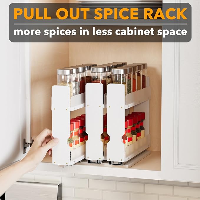 SpaceAid Bamboo Pull Out Spice Rack Organizer for Cabinet, Heavy Duty Slide Out Seasoning Kitchen Pantry Sliding Vertical Organization, 7.6" Wide, 3 Drawers(2" Wide), 2-Tier, White-Ruum Studio Home