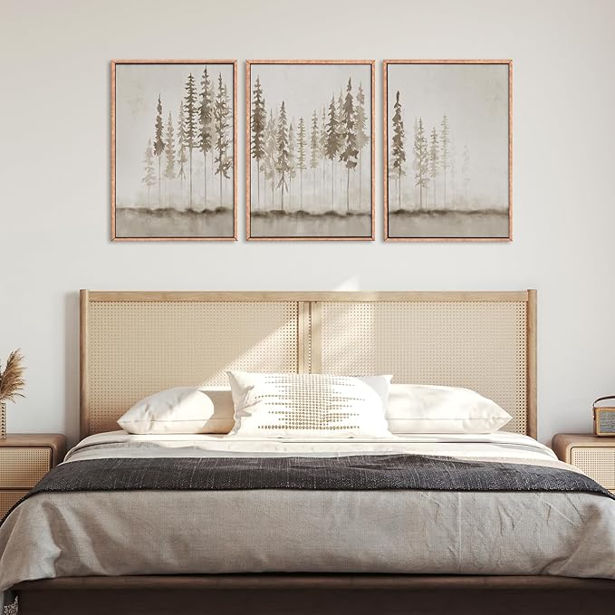 HPNIUB Large Misty Forest Framed Canvas Art Print Set, Modern Foggy Pine Tree Wall Decor, Pastel Nature Landscape, Abstract Foggy Forest Plant Art for Living Room, Bedroom, Office - 16" x 24" x 3-Ruum Studio Home