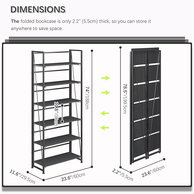 4NM No Assembly Foldable Bookshelf, 6-Shelf Collapsible Bookcase Storage for Small Spaces, 74" H, All Black-Ruum Studio Home