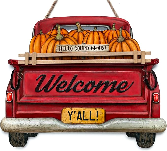 Interchangeable Welcome Sign for Front Door Red Farmhouse Truck Decor Hanging Sign with 11 Interchangeable Seasonal and Holiday Decor Signs 12x14 in. (Country Rustic)-Ruum Studio Home