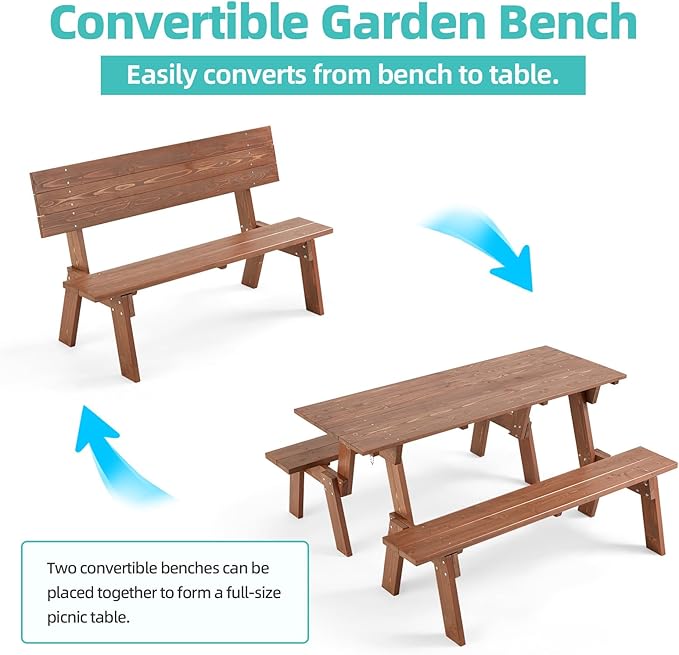 AVAWING Outdoor Convertible Wood Bench with Backrest, Patio Wood Convert a Bench, Space-Saving 2-in-1 Picnic Table Chairs Set for Backyard, Porch, Patio, Garden, Brown-Ruum Studio Home