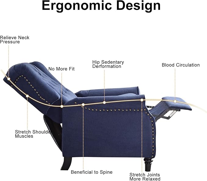 EBELLO Pushback Recliner Chair, Fabric Armchair Push Back Recliner with Rivet Decoration, Single Sofa Accent Chair for Living Room, Bedroom, Navy Blue-Ruum Studio Home