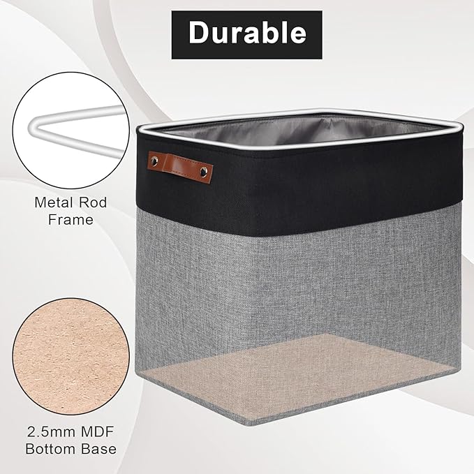 Large Fabric Storage Baskets | 50L Storage Bins, Decorative Linen Closet Baskets with Handles for Organizing, Shelf, Toys, Clothes, Home, Office, Nursery, 17x12x15Inches (Gray&Black)-Ruum Studio Home
