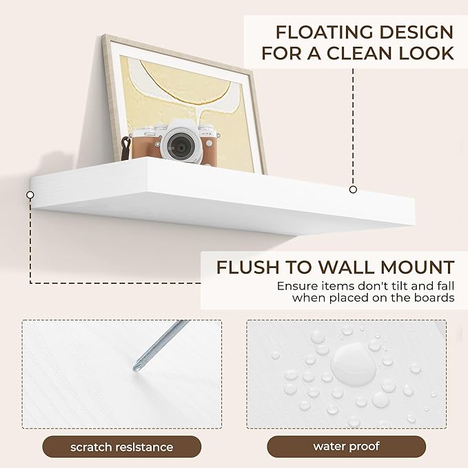 RICHFOCUS 24Inch Floating Shelves for Wall 2 Pack Shelves for Bedroom|Kitchen|Bathroom Wall Mounted Rustic Wood Floating Shelf with Invisible Brackets for Books|Storage|Decor, White-Ruum Studio Home