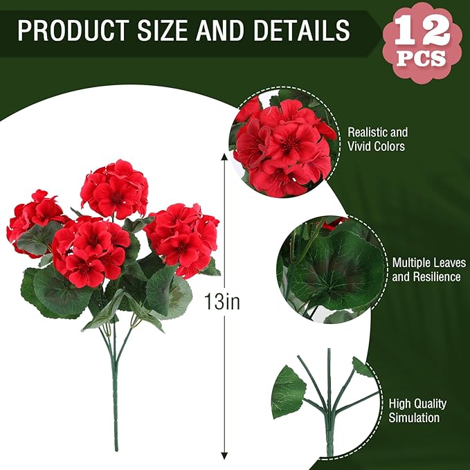 Hananona 12 Bundles Artificial Geranium Flowers for Outdoors Silk Geranium Flowers Outdoor UV Resistant Garden Plants Faux Flower for Home Kitchen Table Centerpieces Decor (12, Red)-Ruum Studio Home