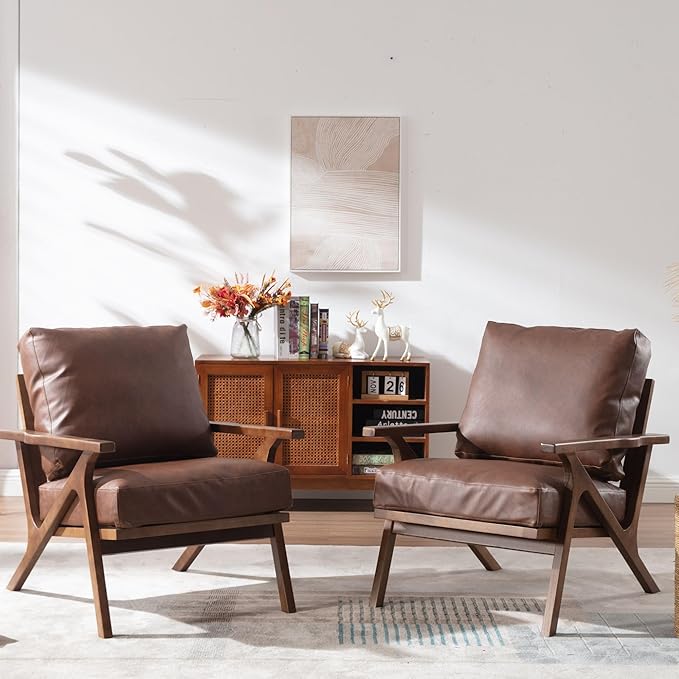 Wahson Brown Leather Accent Chair Mid Century Modern Chair, Retro Upholstered Armchair with Wood Frame and Removable PU Cushions, Large Compfy Leisure Slipper Chair for Living Room/Bedroom-Ruum Studio Home